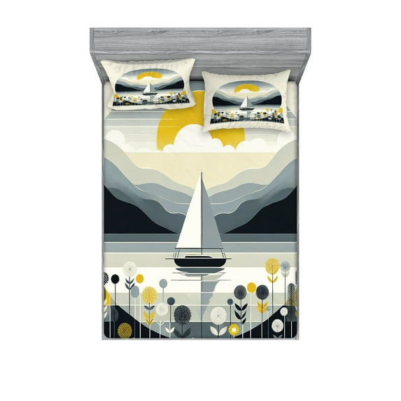 Ambesonne Nautical Fitted Sheet & Pillow Sham Set, Scandinavian Sailboat Sea, King, Blue Grey and Earth Yellow