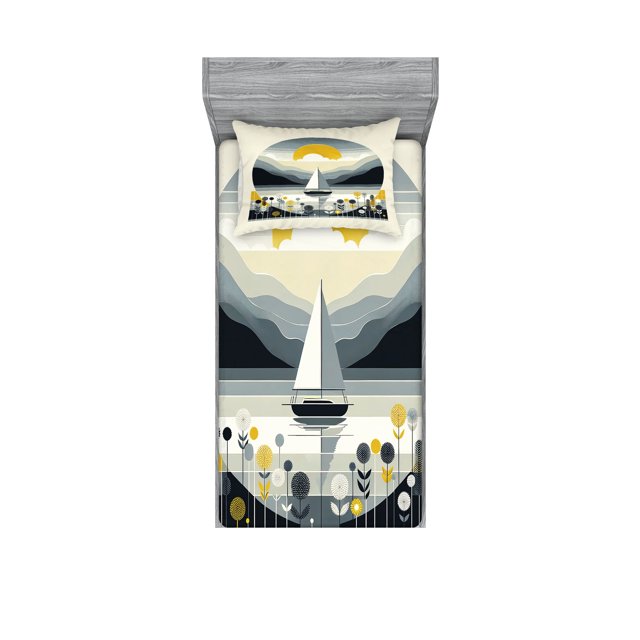 Ambesonne Nautical Fitted Sheet & Pillow Sham Set, Scandinavian Sailboat Sea, Twin, Blue Grey and Earth Yellow