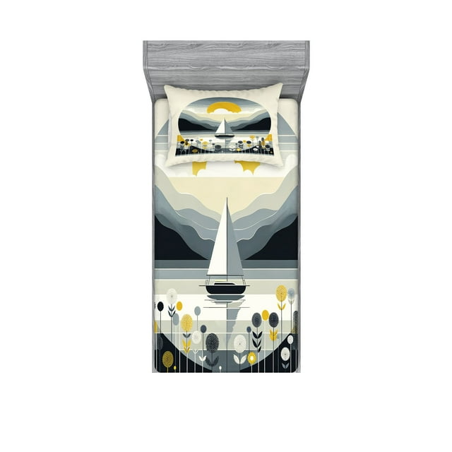 Ambesonne Nautical Fitted Sheet & Pillow Sham Set, Scandinavian Sailboat Sea, Twin, Blue Grey and Earth Yellow
