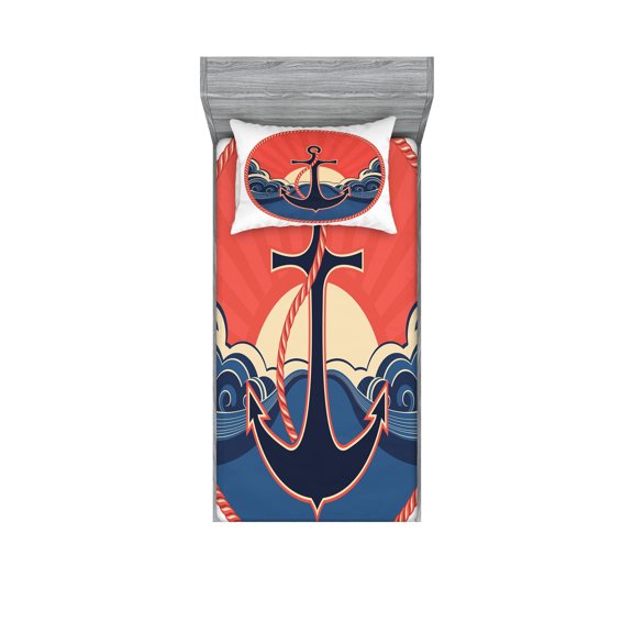 Ambesonne Nautical Fitted Sheet & Pillow Sham Set, Sea Waves at Sunset, Twin, Red Blue Yellow