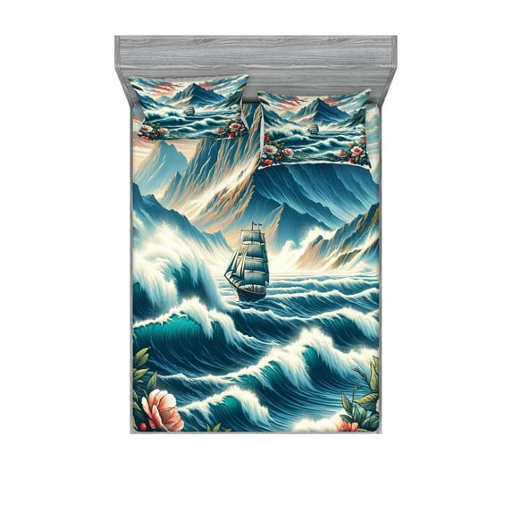 Ambesonne Nautical Fitted Sheet & Pillow Sham Set, Seascape Waves Mountains, Full, Sea Blue and Dark Coral