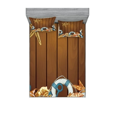 Ambesonne Nautical Fitted Sheet & Pillow Sham Set, Seashell Anchor Wooden, Queen, Brown Blue White