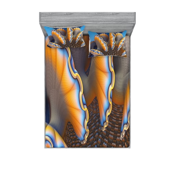 Ambesonne Nautical Fitted Sheet & Pillow Sham Set, Shells in Sea Ocean, Queen, Blue and Apricot