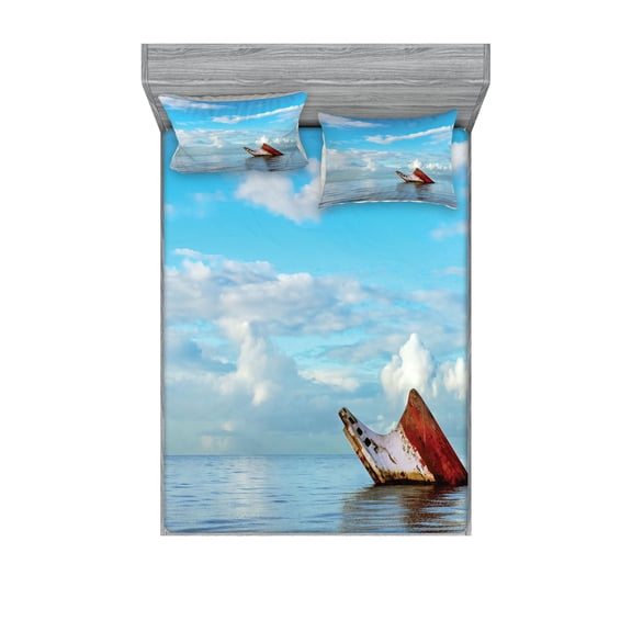 Ambesonne Nautical Fitted Sheet & Pillow Sham Set, Ship Wreck Landscape, Queen, Blue White