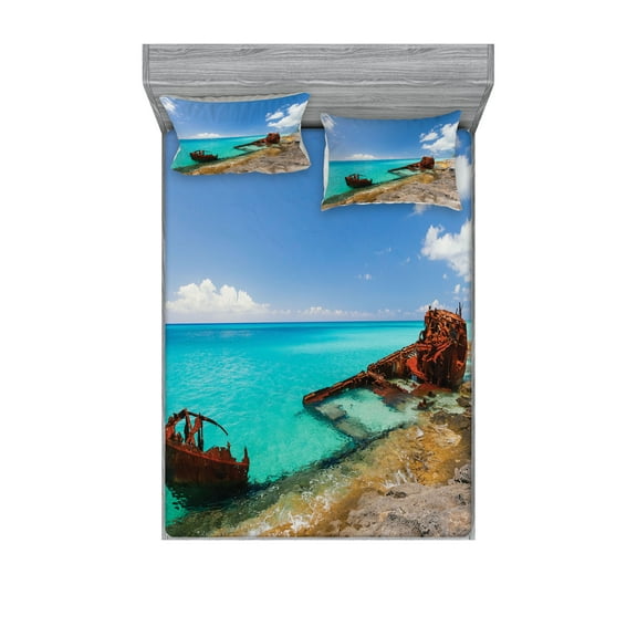 Ambesonne Nautical Fitted Sheet & Pillow Sham Set, Ship Wreck on Beach, Queen, Multicolor