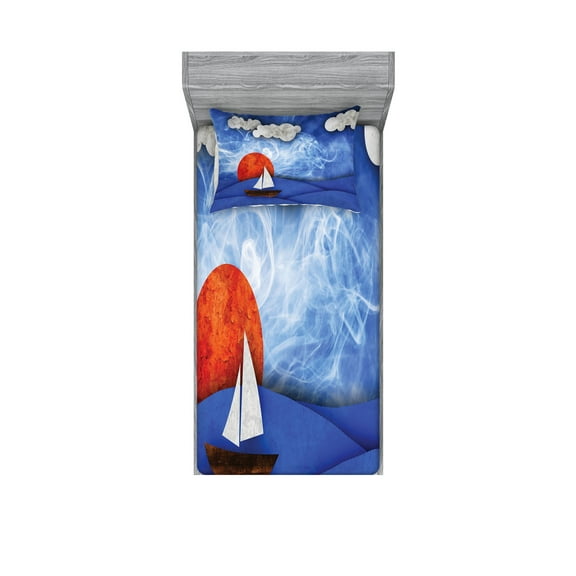 Ambesonne Nautical Fitted Sheet & Pillow Sham Set, Ship on Misty Waters, Twinxl, Blue Orange White