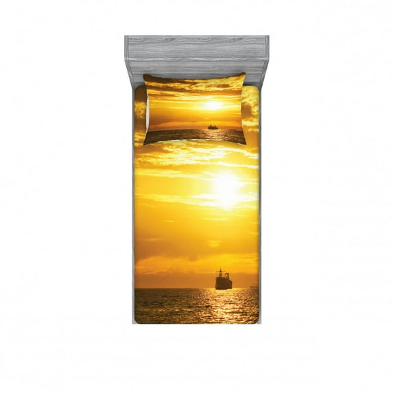 Ambesonne Nautical Fitted Sheet & Pillow Sham Set, Ship on Ocean Sunrise, Twin, Yellow