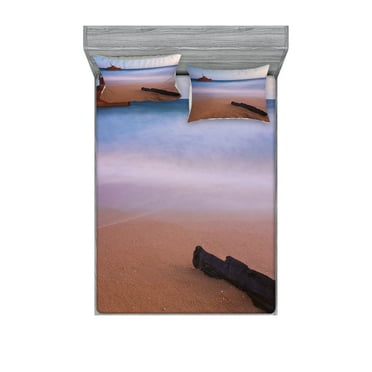 Ambesonne Nautical Fitted Sheet & Pillow Sham Set, Shipwreck on Sea Dusk, Full, Multicolor
