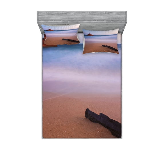 Ambesonne Nautical Fitted Sheet & Pillow Sham Set, Shipwreck on Sea Dusk, Queen, Multicolor
