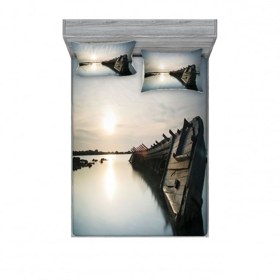 Ambesonne Nautical Fitted Sheet & Pillow Sham Set, Sinking Boat Sunset, Full, Pale Blue Brown