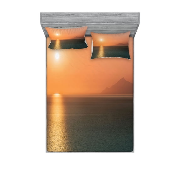 Ambesonne Nautical Fitted Sheet & Pillow Sham Set, Sunrise over Ocean, Full, Orange Blue
