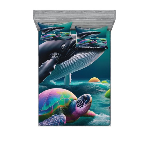 Ambesonne Nautical Fitted Sheet & Pillow Sham Set, Trippy Turtle with a Whale, Full, Teal Multicolor