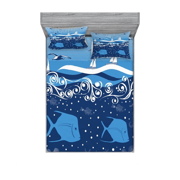 Ambesonne Nautical Fitted Sheet & Pillow Sham Set, Underwater Life Sail, Full, Blue White
