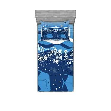 Ambesonne Nautical Fitted Sheet & Pillow Sham Set, Underwater Life Sail, Twinxl, Blue White