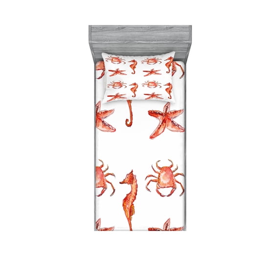 Ambesonne Nautical Fitted Sheet & Pillow Sham Set, Underwater Sea Ocean, Twinxl, Salmon Dark Coral