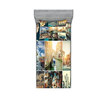 Ambesonne Nautical Fitted Sheet & Pillow Sham Set, Venice Canals, Twin, Multicolor