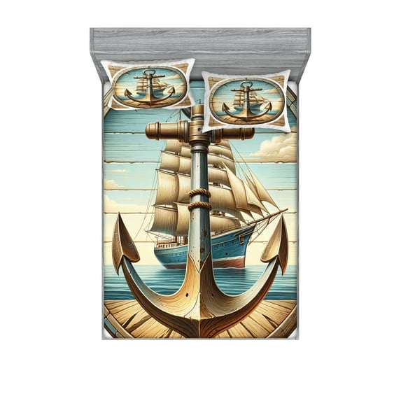 Ambesonne Nautical Fitted Sheet & Pillow Sham Set, Vintage Maritime Anchor, Queen, Pale Brown and Soft Blue