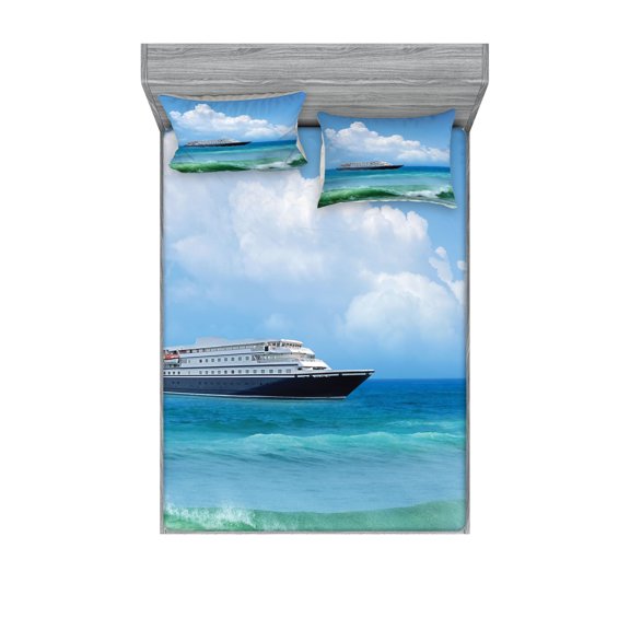 Ambesonne Nautical Fitted Sheet & Pillow Sham Set, Waves Ship Travel, Full, Blue