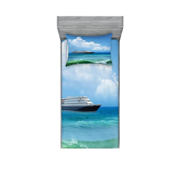 Ambesonne Nautical Fitted Sheet & Pillow Sham Set, Waves Ship Travel, Twinxl, Blue