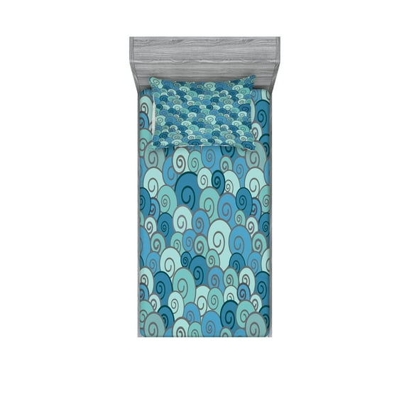 Ambesonne Nautical Fitted Sheet & Pillow Sham Set, Waves in the Ocean Doodle, Twin, Multicolor
