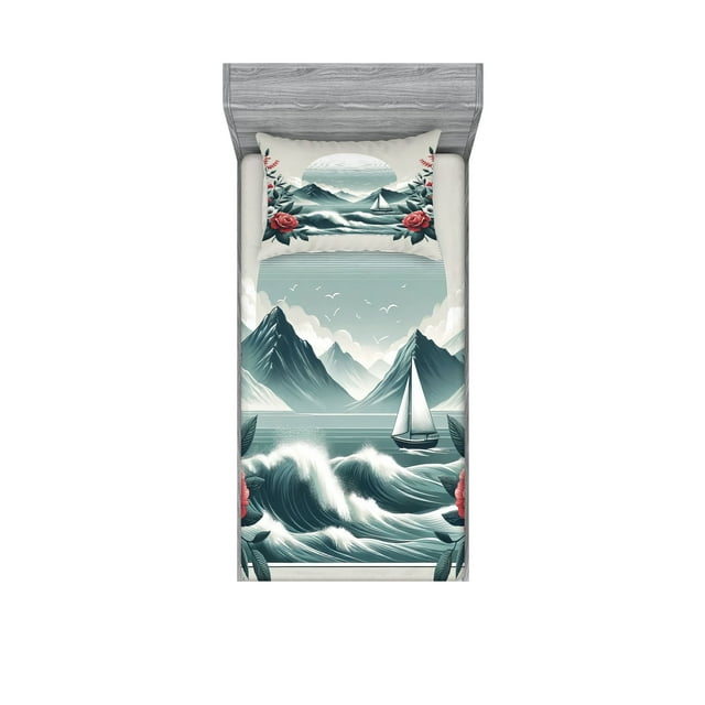 Ambesonne Nautical Fitted Sheet & Pillow Sham Set, Wild Roses and Sailboat, Twinxl, Coral and Slate Blue