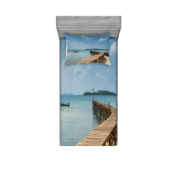 Ambesonne Nautical Fitted Sheet & Pillow Sham Set, Wooden Bridge to Sea, Twin, Blue Brown