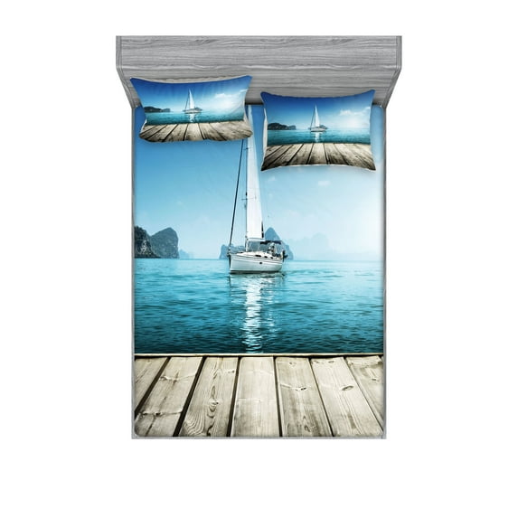 Ambesonne Nautical Fitted Sheet & Pillow Sham Set, Yacht and Wooden Deck, Queen, Blue Brown