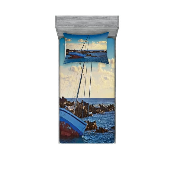 Ambesonne Nautical Fitted Sheet & Pillow Sham Set, Yacht on Rocks Harbor, Twinxl, Blue Brown