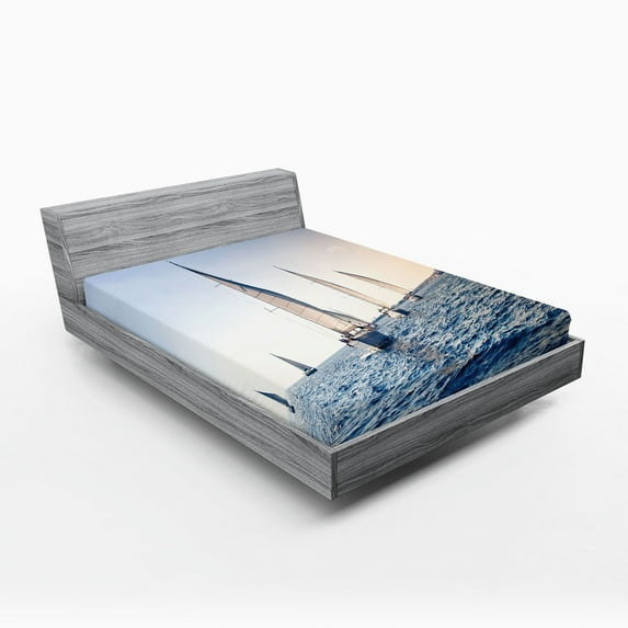 Ambesonne Nautical Fitted Sheet, Racing Sport Sailboats, Full Size, Blue White