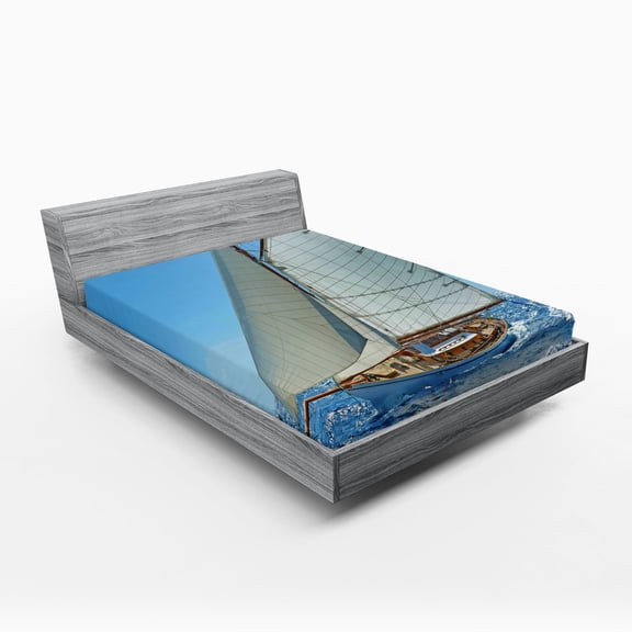 Ambesonne Nautical Fitted Sheet, Sailboat Regatta Race, Queen Size, Blue White Brown