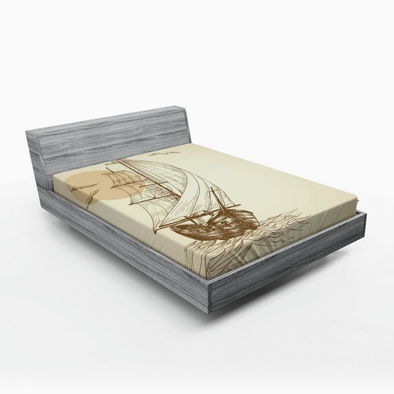 Ambesonne Nautical Fitted Sheet, Sailing Ship Birds Sun, Queen Size, Tan Brown
