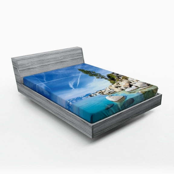 Ambesonne Nautical Fitted Sheet, Seascape Lake Tahoe, Queen Size, Blue Grey