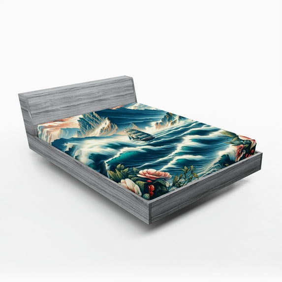 Ambesonne Nautical Fitted Sheet, Seascape Waves Mountains, California King, Sea Blue and Dark Coral