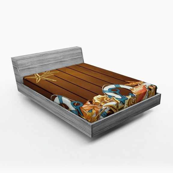 Ambesonne Nautical Fitted Sheet, Seashell Anchor Wooden, Queen Size, Brown Blue White