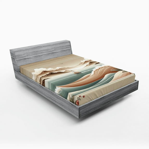 Ambesonne Nautical Fitted Sheet, Serene Horizon Sailboat, Full Size, Tan Sepia and Pale Seafoam