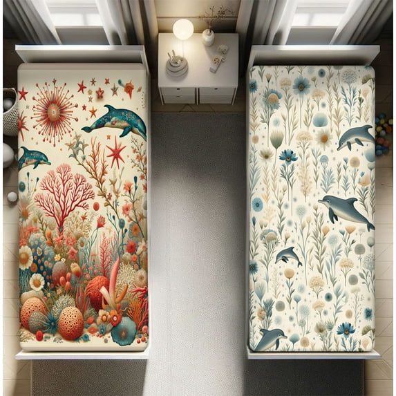 Ambesonne Nautical Fitted Sheet Set 2 Pack All-Round Elastic, Abstract Undersea Dolphins, Twin XL Size, Coral Petrol Blue Beige
