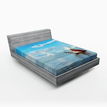 Ambesonne Nautical Fitted Sheet, Ship Wreck Landscape, Full Size, Blue White
