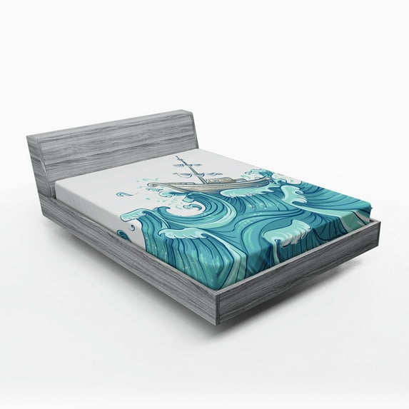 Ambesonne Nautical Fitted Sheet, Ship and Ocean Waves, Full Size, Aqua Taupe