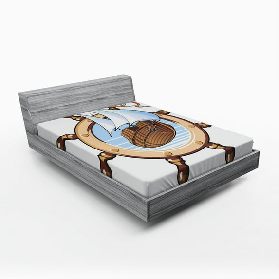 Ambesonne Nautical Fitted Sheet, Ships Wheel Sailing, Queen Size, Brown Blue