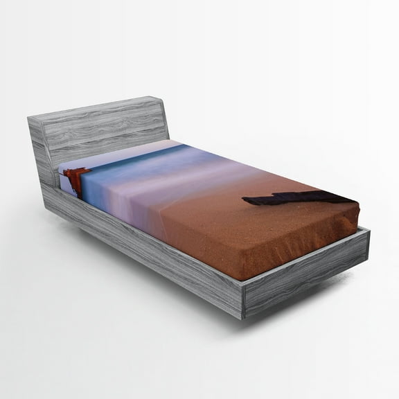 Ambesonne Nautical Fitted Sheet, Shipwreck on Sea Dusk, Twin XL Size, Multicolor