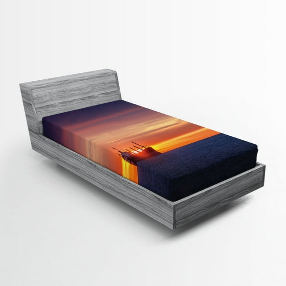 Ambesonne Nautical Fitted Sheet, Sunrise over Sea Ship, Twin XL Size, Blue Orange