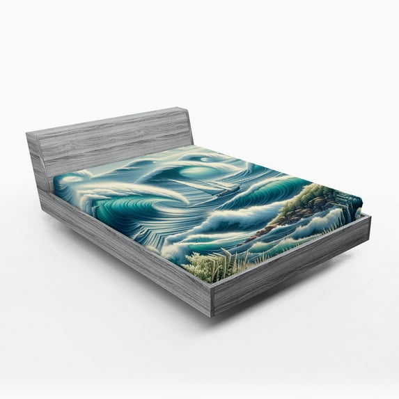 Ambesonne Nautical Fitted Sheet, Swirling Huge Waves Boat, Full Size, Reseda Green Teal and Blue