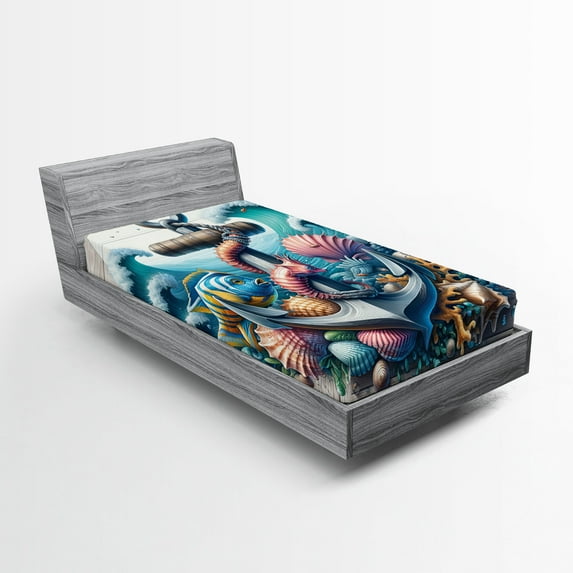 Ambesonne Nautical Fitted Sheet, Underwater Around Anchor, TwinXL Size, Teal Pink and Coconut