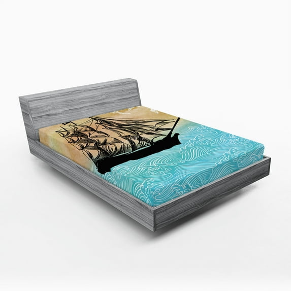 Ambesonne Nautical Fitted Sheet, Vintage Ship Motif, Full Size, Beige Pale Blue