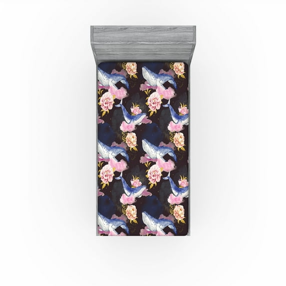 Ambesonne Nautical Fitted Sheet, Watercolor Whales Flowers, Twin XL Size, Dark Lavender and Soft Pink