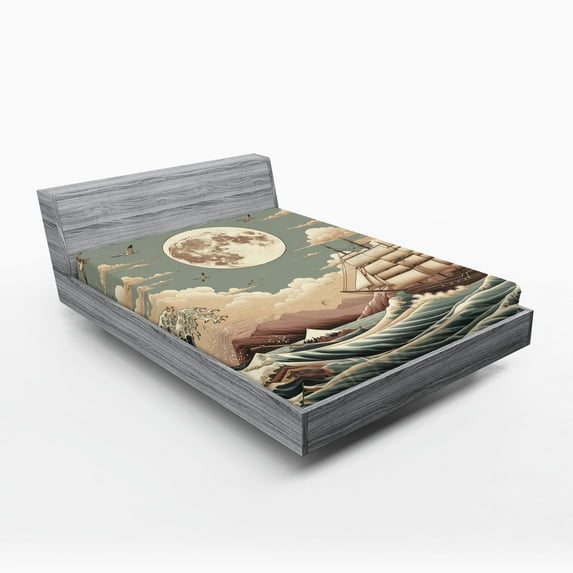 Ambesonne Nautical Fitted Sheet, Waves Ship Japanese Style, King Size, Pale Teal Tan Dried Rose