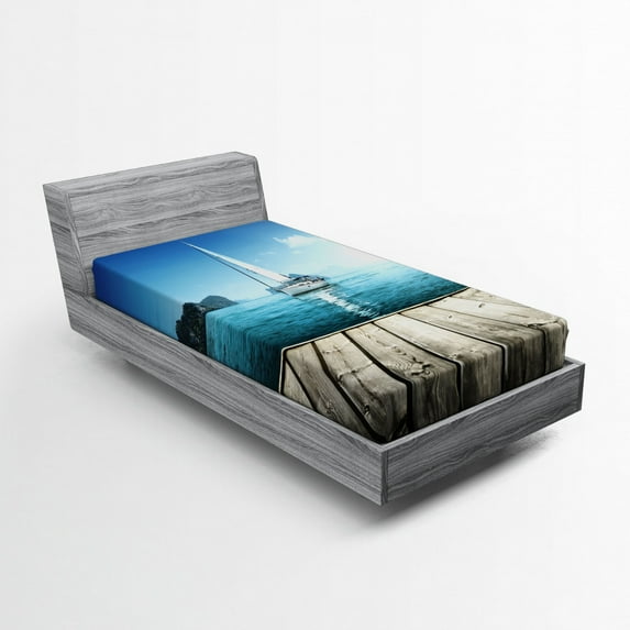 Ambesonne Nautical Fitted Sheet, Yacht and Wooden Deck, Twin Size, Blue Brown