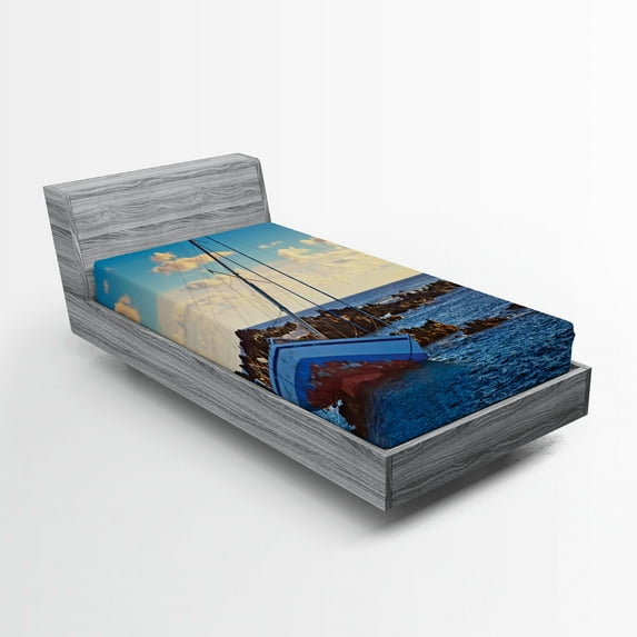 Ambesonne Nautical Fitted Sheet, Yacht on Rocks Harbor, Twin Size, Blue Brown