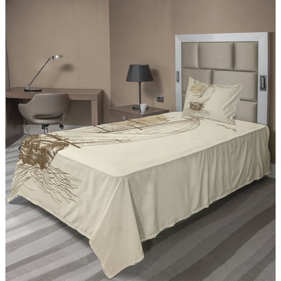 Ambesonne Nautical Fitted & Top Sheet Set with Sham, Sailing Ship Birds Sun, Tan Brown