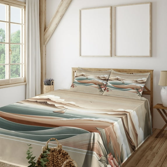 Ambesonne Nautical Fitted & Top Sheet Set with Sham, Serene Horizon Sailboat, Tan Sepia and Pale Seafoam